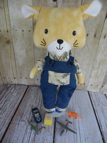 Kitty Cat - Orange Boy - Denim Overalls with Airplane Print