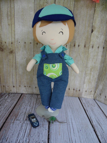 Boy Doll, White, Tan Hair, Turquoise Shirt/Denim Overalls
