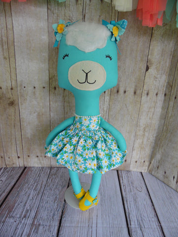 Llama, Girl, Turquoise, Daisy Print