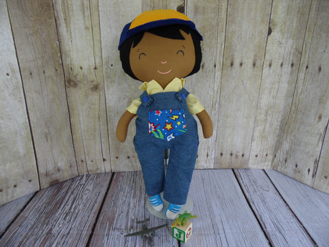 Boy Doll, Dark, Black Hair, Checked Shirt/Denim Overalls