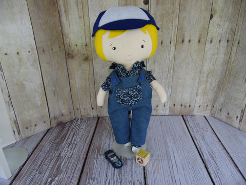 Boy Doll, White, Yellow Hair, Navy Bandana Shirt/Denim Overalls