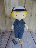 Boy Doll, White, Yellow Hair, Navy Bandana Shirt/Denim Overalls