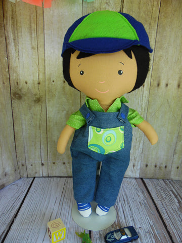Boy Doll, Tan, Black Hair, Green Shirt/Denim Overalls