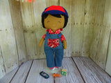 Boy Doll, Dark, Black Hair, Red Horseshoe Print Shirt/Denim Overalls