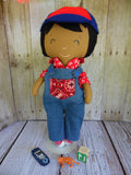 Boy Doll, Dark, Black Hair, Red Horseshoe Print Shirt/Denim Overalls