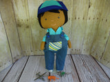 Boy Doll, Dark, Black Hair, Blue Polka Dot Shirt/Denim Overalls