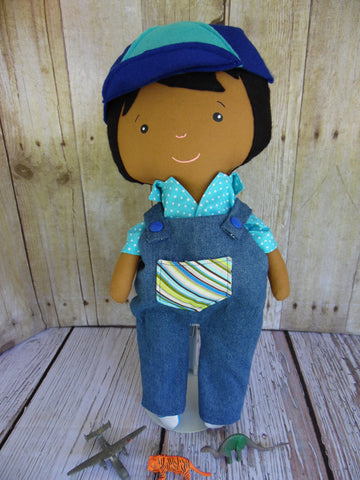 Boy Doll, Dark, Black Hair, Blue Polka Dot Shirt/Denim Overalls