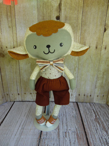 Lamb, Boy, White/Gold; Gray Polka Dot with Brown Shorts