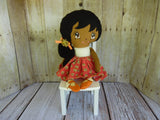 Ponytail Girl Doll, Dark, Black Hair, Beige/Rust Floral Print