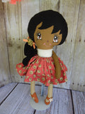 Ponytail Girl Doll, Dark, Black Hair, Beige/Rust Floral Print