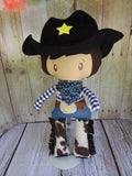 Cowboy, Tan, Blue Checked Shirt, Black Hat