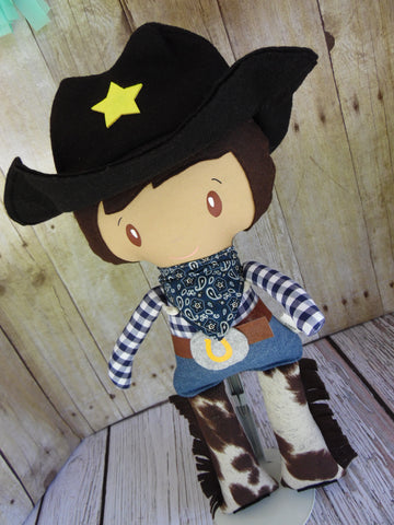 Cowboy, Tan, Blue Checked Shirt, Black Hat