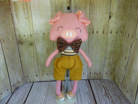 Pig, Pink, Boy, Brown/Gray Striped Body/Tan Shorts