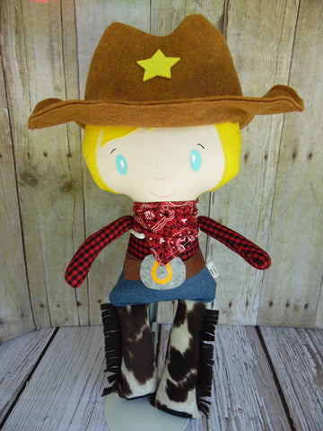 Cowboy, White, Red/Black Checked Shirt, Brown Hat