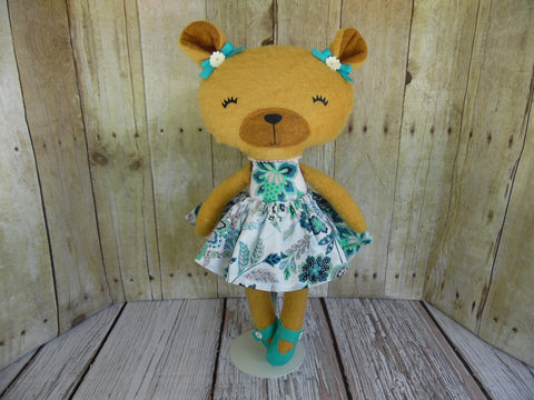 Bear, Girl, Tan Turquoise and White Dress