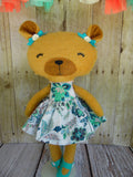 Bear, Girl, Tan Turquoise and White Dress