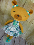 Bear, Girl, Tan Turquoise and White Dress