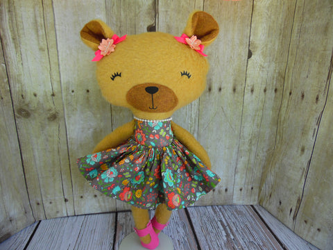Bear, Girl, Tan - Brown Floral Print