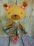 Bear, Girl, Tan - Brown Floral Print