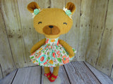 Bear, Girl, Tan - White/Pink/Blue Floral Print
