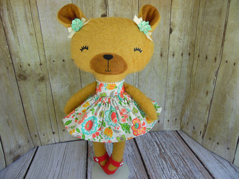 Bear, Girl, Tan - White/Pink/Blue Floral Print