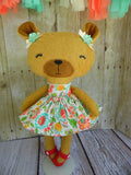 Bear, Girl, Tan - White/Pink/Blue Floral Print