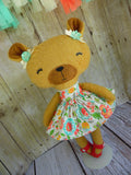 Bear, Girl, Tan - White/Pink/Blue Floral Print