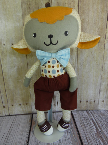 Lamb, Boy, White/Gold; Brown-Blue Polka Dot with Brown Shorts
