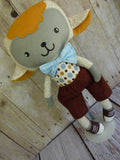 Lamb, Boy, White/Gold; Brown-Blue Polka Dot with Brown Shorts