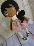 Ponytail Girl Doll, Dark, Black Hair, Beige/Mauve Floral Print