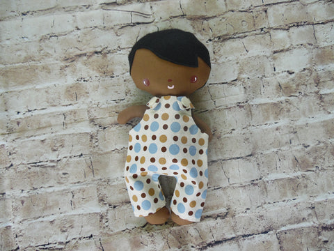 Wee Baby Boy Doll, Dark, Polka Dot Overalls