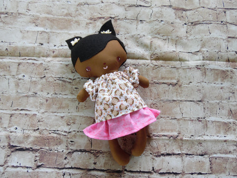 Wee Baby Girl Doll, Dark, Pink Skirt Monkey Print Top
