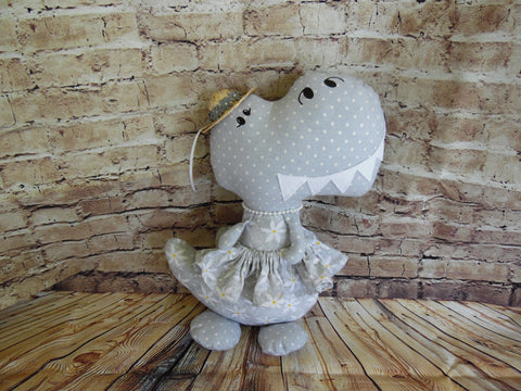 Dinosaur, Girl, T-Rex, Gray Polka Dot with Floral Print