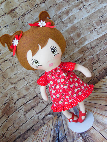 Lollipop Girl, White, Brown Pigtails, Red Dress with White Daisies