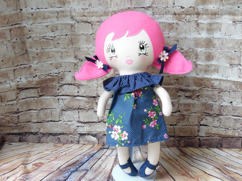 Lollipop Girl, White, Pink Ponytails, Navy Polka Dot Floral Dress