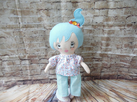 Lollipop Girl, White, Light Blue High Ponytail, White Floral Top/Light Blue Pants