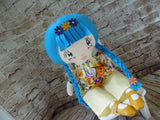 Lollipop Girl, White, Blue Braids, Orange/Purple/Yellow Floral Top/Light Yellow Pants