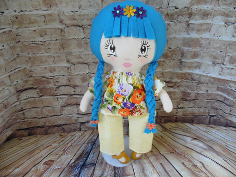 Lollipop Girl, White, Blue Braids, Orange/Purple/Yellow Floral Top/Light Yellow Pants