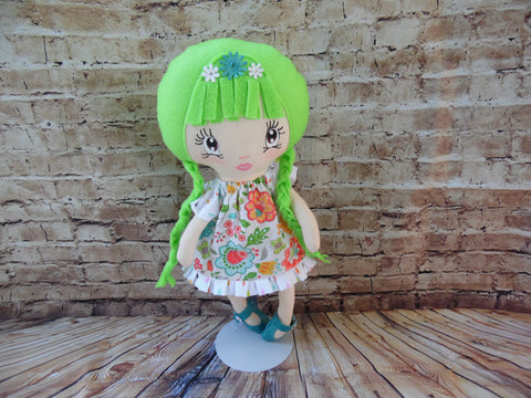 Lollipop Girl, White, Lime Green Hair-Braids, Pink/Turquoise Floral Print