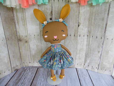 Bunny, Brown, Girl, Turquoise Floral Print