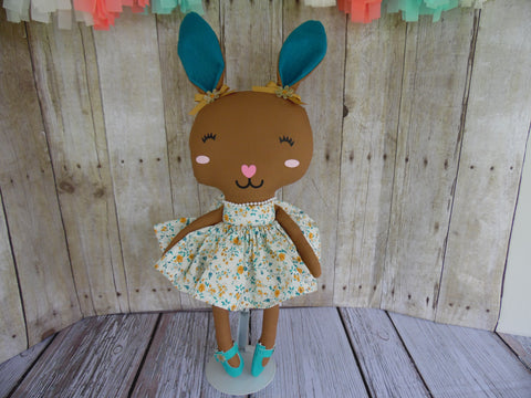 Bunny, Brown, Girl, Turquoise/Gold Floral Print