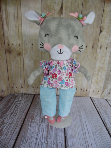 Kitty Cat - Gray Girl - Pink/Blue Floral Top/Light Blue Pants