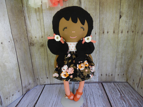Ponytail Girl Doll, Dark, Black Hair, White/Orange Floral Print
