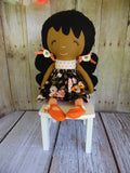 Ponytail Girl Doll, Dark, Black Hair, White/Orange Floral Print
