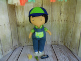Boy Doll, Tan, Black Hair, Green Shirt/Denim Overalls