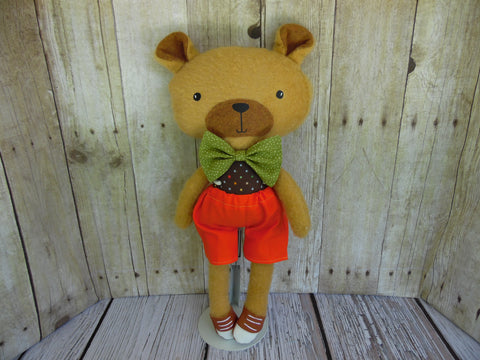Bear, Tan, Boy Orange Shorts/Polka Dot