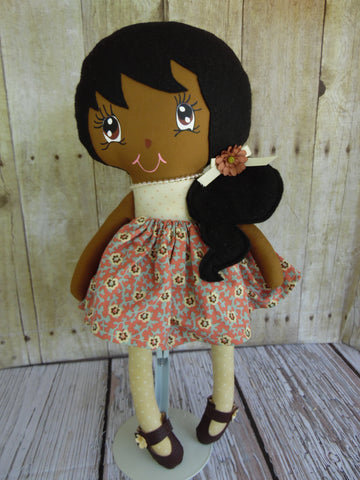 Ponytail Girl Doll, Dark, Black Hair, Beige/Mauve Floral Print
