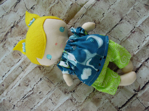Wee Baby Girl Doll, White, Lime Green Shorts/Blue Print Top