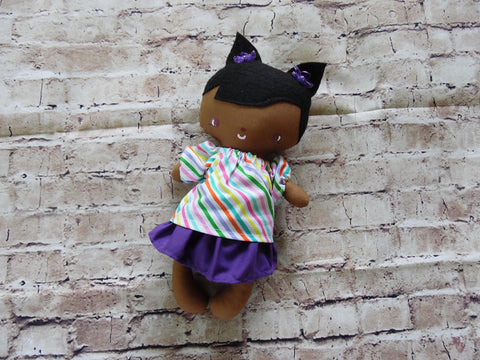 Wee Baby Girl Doll, Dark, Purple Skirt Striped Top